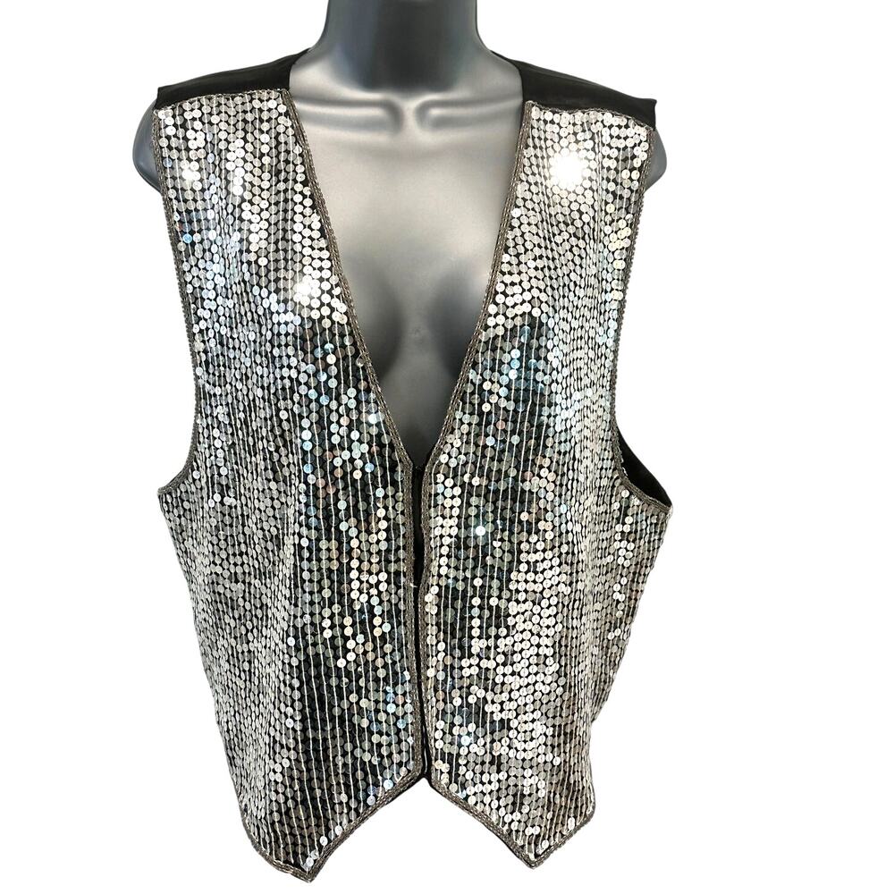 'AJ' India Vintage Silver Sequin/Black Silk Rayon Vest Women's Size Large